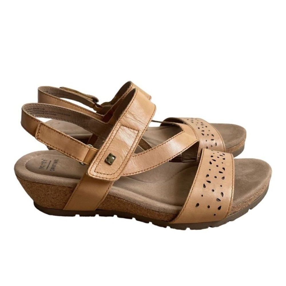 Earth Origins Kendra Khloe Leather Cork Wedge Sandals Amber Yellow Size 7M